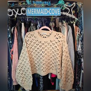#0570 L/XL NEW ZENANA Lt Mocha Speckled Sweater 30-33"ptp 22"Long Balloon Slvs